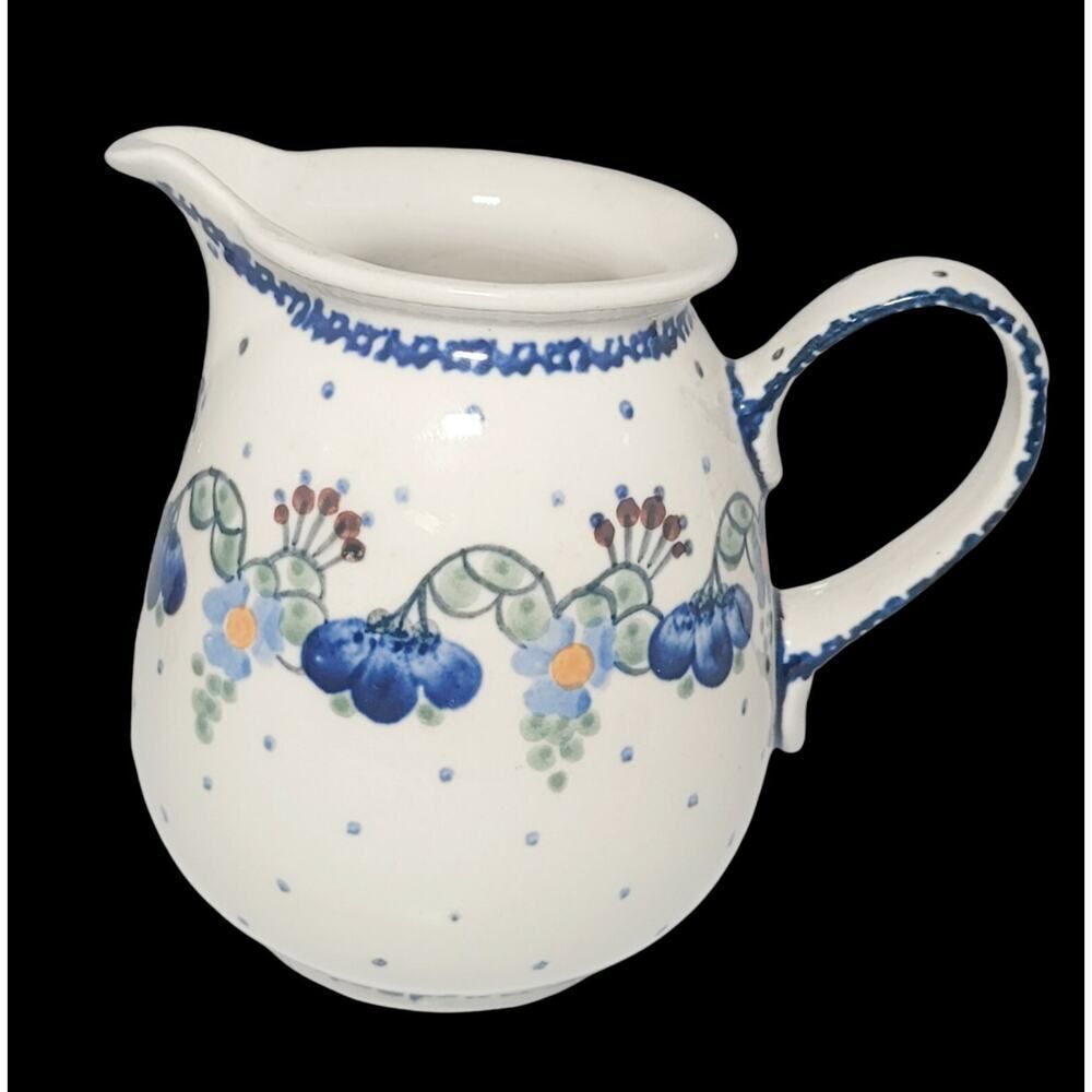 Blue Rose Pottery Handmade Polish Boleslawiec Floral Creamer Pitcher Blue Flower